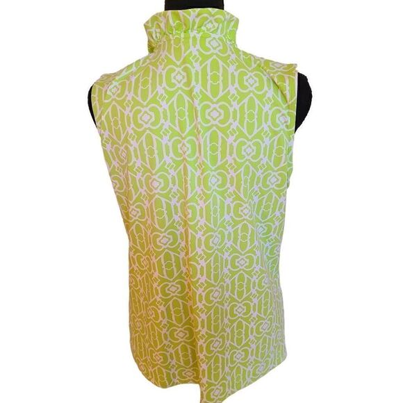 Sunsets and Sweet Tea UPF Green White Print Sleeveless Ruffle Collar Top Medium - Picture 2 of 10